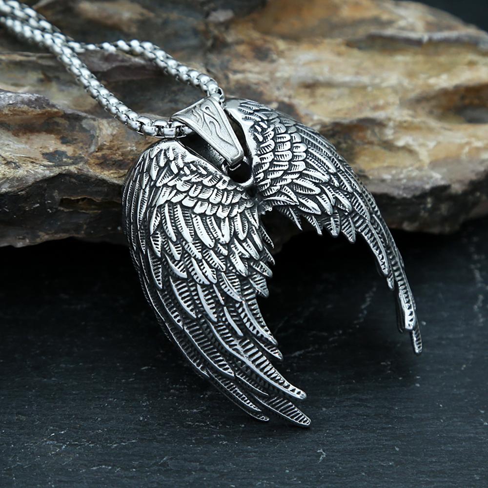 Fashion Stainless Steel Angel Wings Pendant Necklace For Men Punk Hip Hop Nightclub Party Vintage Necklace Jewelry