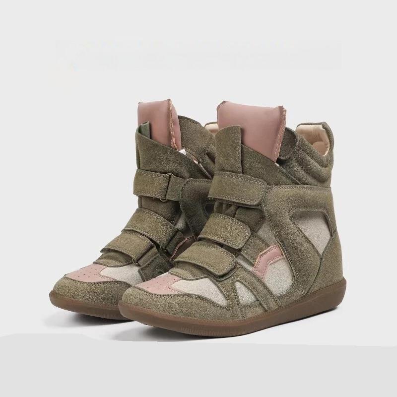 Damen Leder High Top Sneaker mit Klettverschluss Lässige Sportschuhe Innenerhöhung 8CM Herbst Neuer Stil Runde Zehenpartie Gummisohle