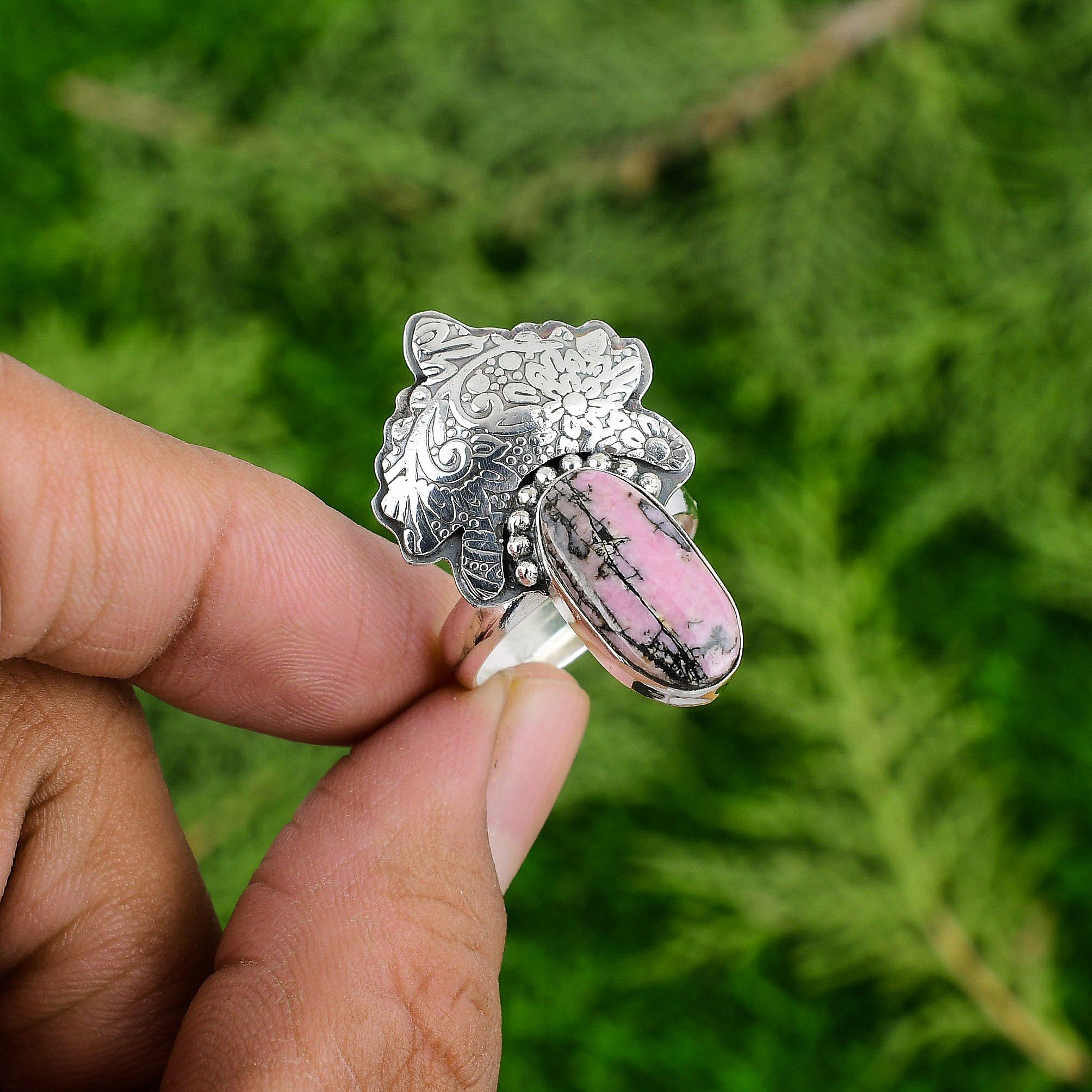 

Серебро 925 пробы Натуральный Родонит Арт Деко Многокаменный Кольцо Обещания Ювелирное Изделие Adjustable