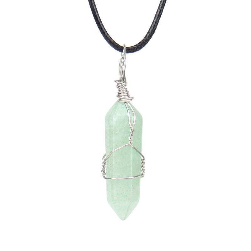 Hand-Wound Natural Stone Crystal Hexagonal Column Pendant Necklace N538 Geometric Beauty