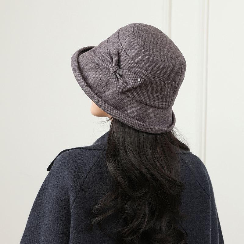 Ladies Woolen Basin Hat Mom Elegant Bow Fisherman Hat Warm Grandma Hat