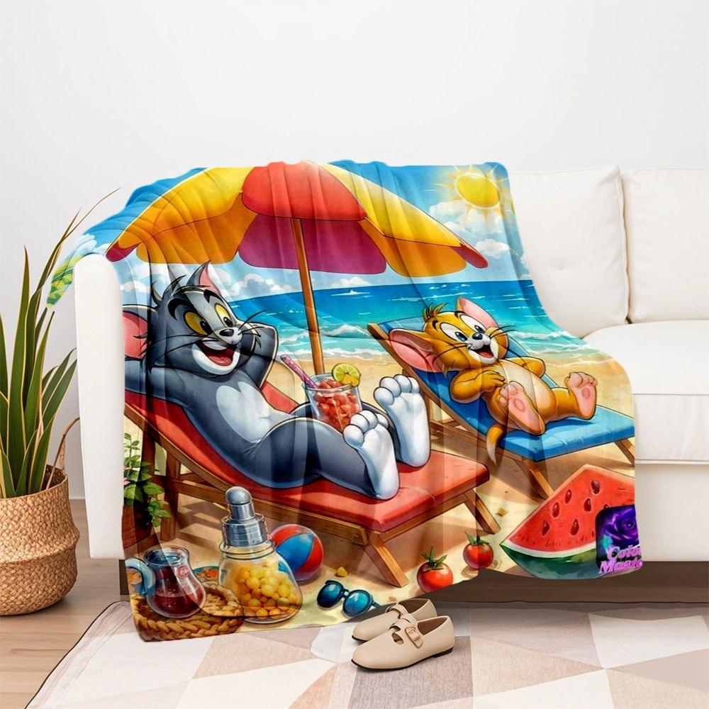 """Tom & Jerry Divertimento in Spiaggia Stampa Poster Estiva Coperta Plaid in Flanella per Divano, Letto, Viaggio, Campeggio, Ufficio"""