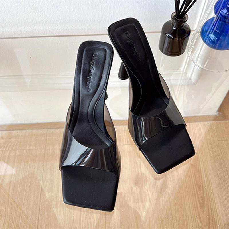 Fashion Elegant Transparent PVC Women Slippers Fashion Red Silver Slide Sandals Summer Sexy Square Toe High Heels Cozy Party Slippers