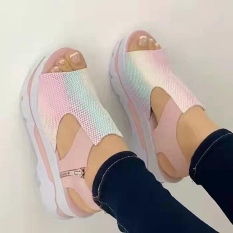 

Summer new water platform large size sandals women s thick-soled slope heel fish mouth side zipper glossy color matching sandals 43 розовый