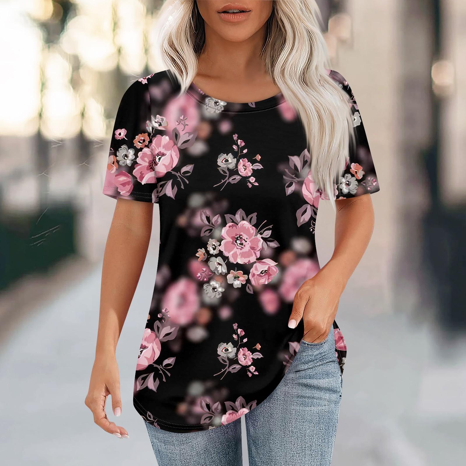 

Футболки для женщин, плиссированные, с круглым вырезом, нарядные, повседневные, блузки с принтом, с коротким рукавом, летние топы, свободный крой XXL розовый