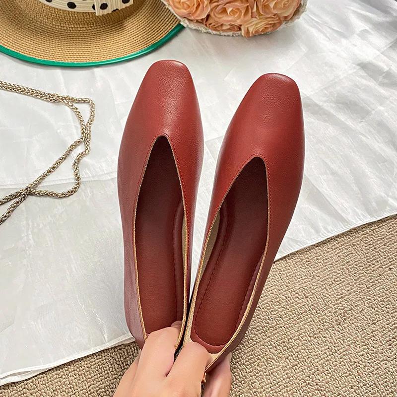 Woman Spring Casual Square Toe Low Soft Soled Lolita Flats Ballerina Red Female Elegant French Retro Buckle Mary Janes