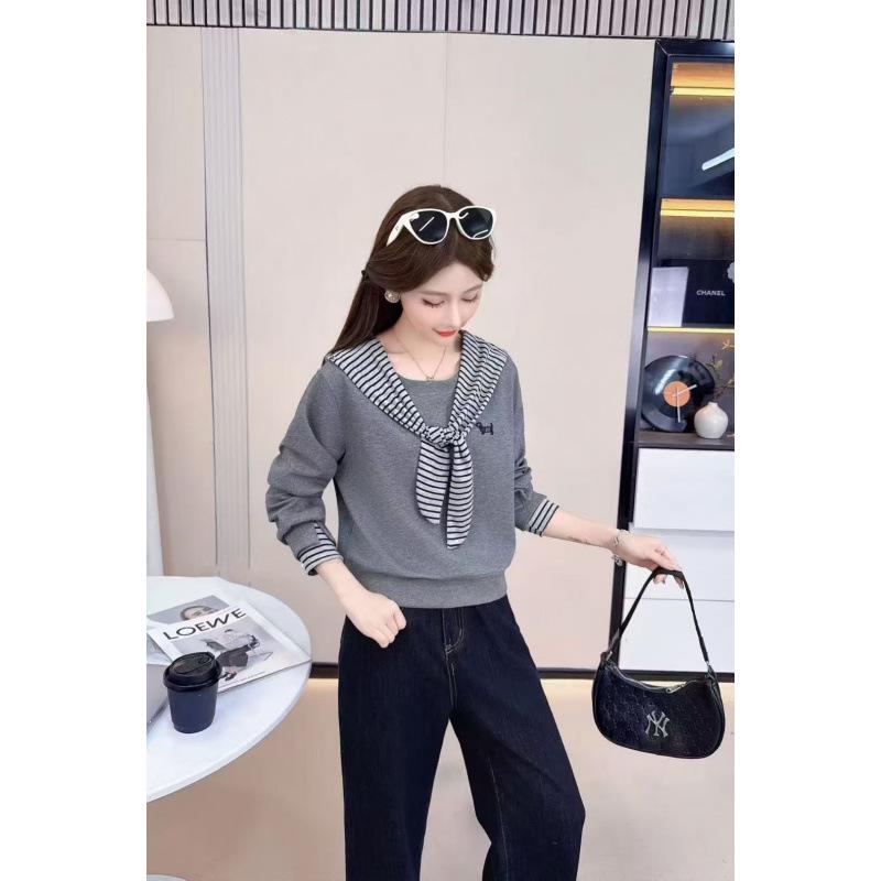 2025 Autumn/Winter Hooded Striped Patchwork Long Sleeve Plus Size Slimming T-shirt M серый