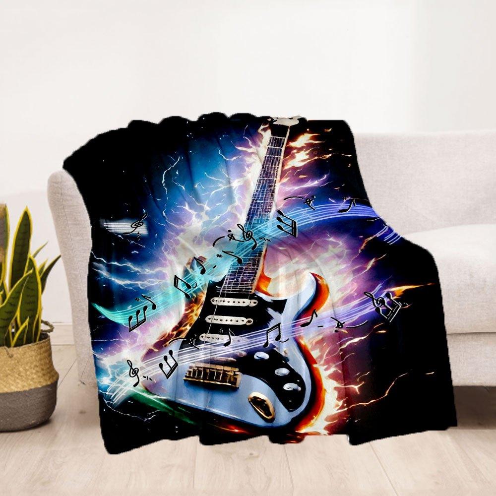 Electric Guitar Music Notes Flame Art Print PosterBlanket Flannel Throw Blanket for Sofa, Bed, Travel, Camping, Office