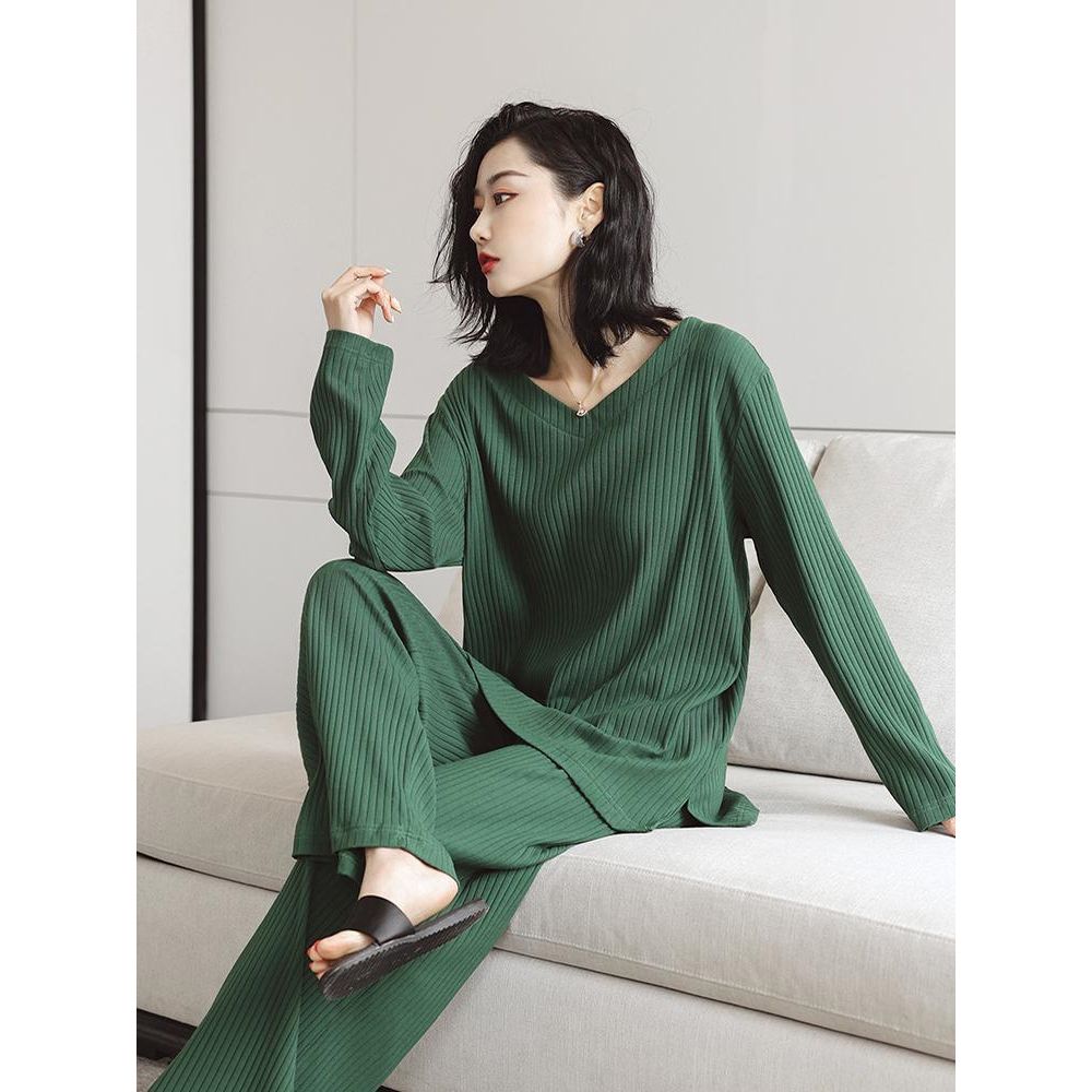 Large Size Casual and Comfortable V-neck Pajamas Suit Fat Mm Autumn and Winter Can Be Worn Outside Home Service Two-piece Suit