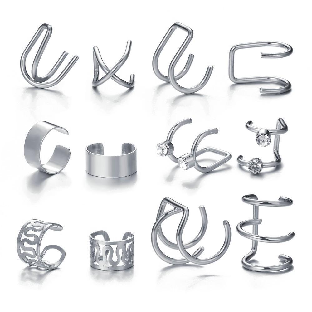 Non-Piercing Cartilage Ear Cuff Collection, 12 Pieces Women's Clip On Earrings for Club Party Statement Look