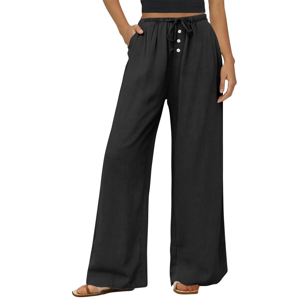 Women's Casual Fashion Cotton And Linen Drawstring Button Trousers