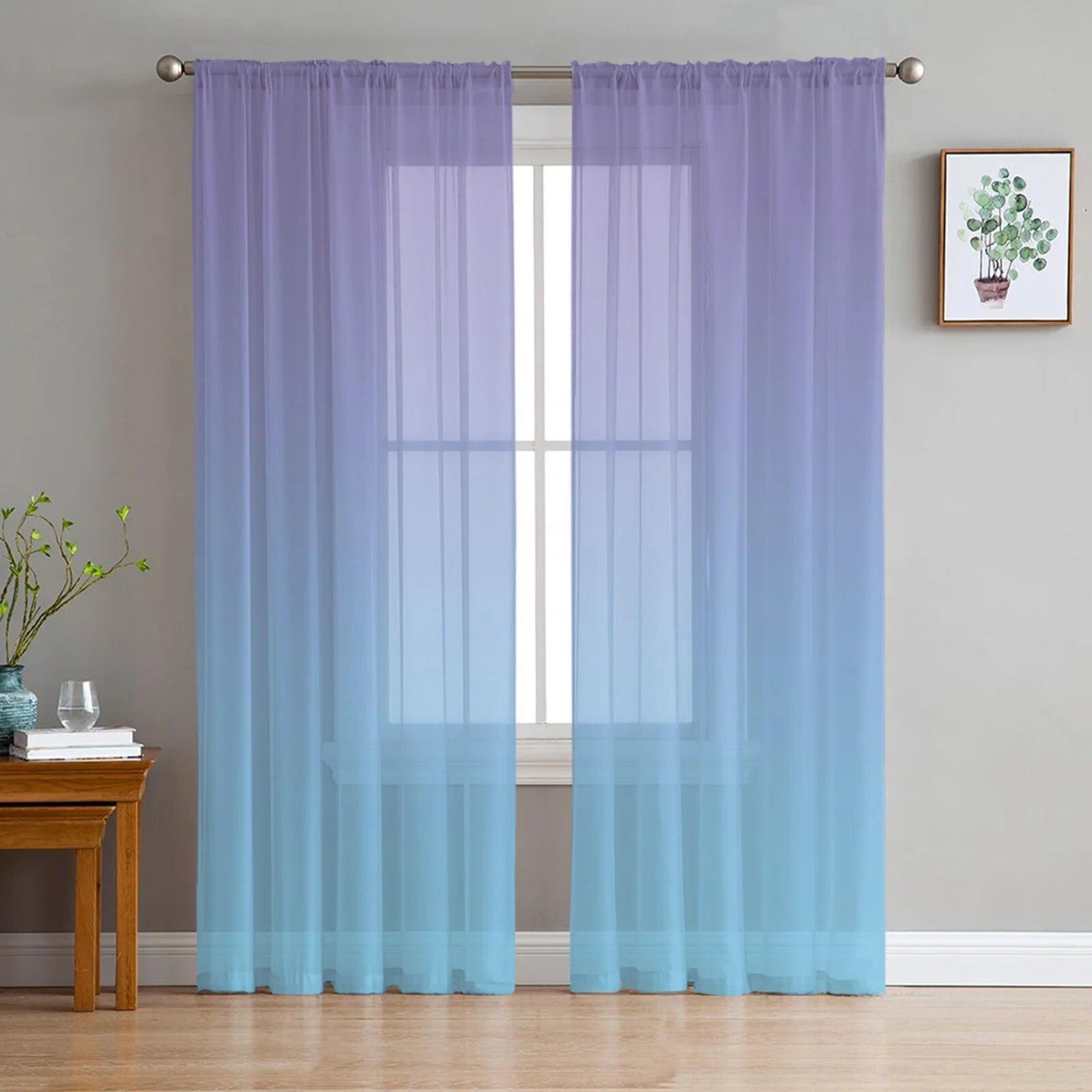 Romantische Paarse Verloop Chiffon Transparante Gordijnen voor Woonkamer Slaapkamer Huisdecoratie Raam Voiles Tule Gordijn 135W x 137H(cm)x2