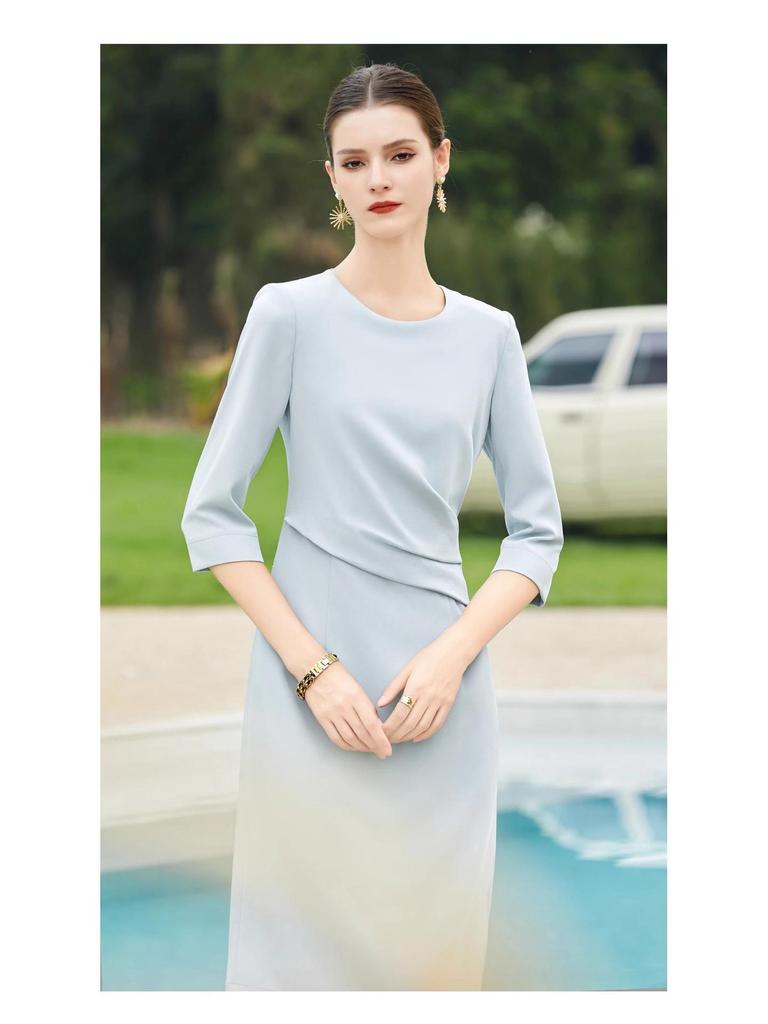 Spring/Summer Light Blue Professional Round Neck Seven-Sleeve Formal Dress for Women