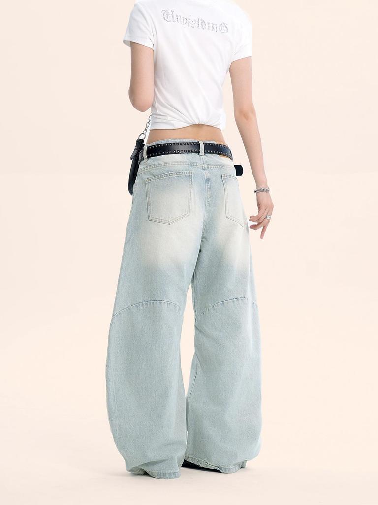 Yongfang Retro Light Blue Curved Leg Unisex Jeans - Trendy Loose-Fit Wide-Leg Pants