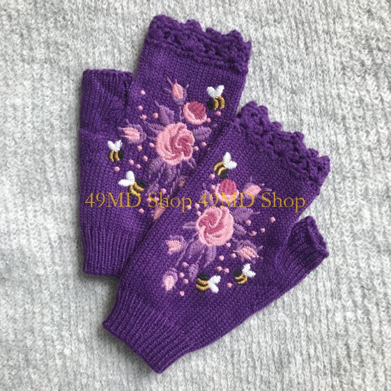 49MD Knit Fingerless Gloves Fall Winter Floral Embroidery Half Finger Cycling Mittens