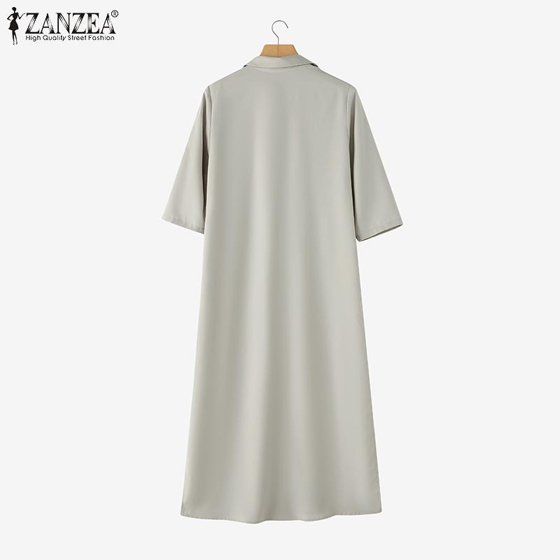 ZANZEA Women Casual Turn Down Collar Solid Color 3/4 Sleeve Shirt Dress