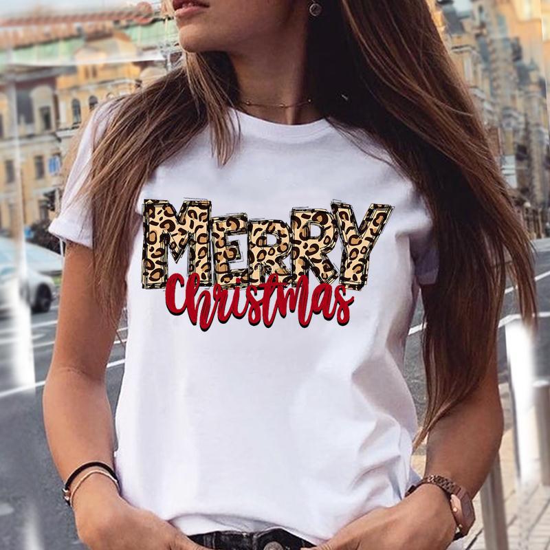 Christmas Animal Merry Chris Print Summer Loose Round Neck Pure Cotton Short Sleeved Shirt T-Shirts Women’s