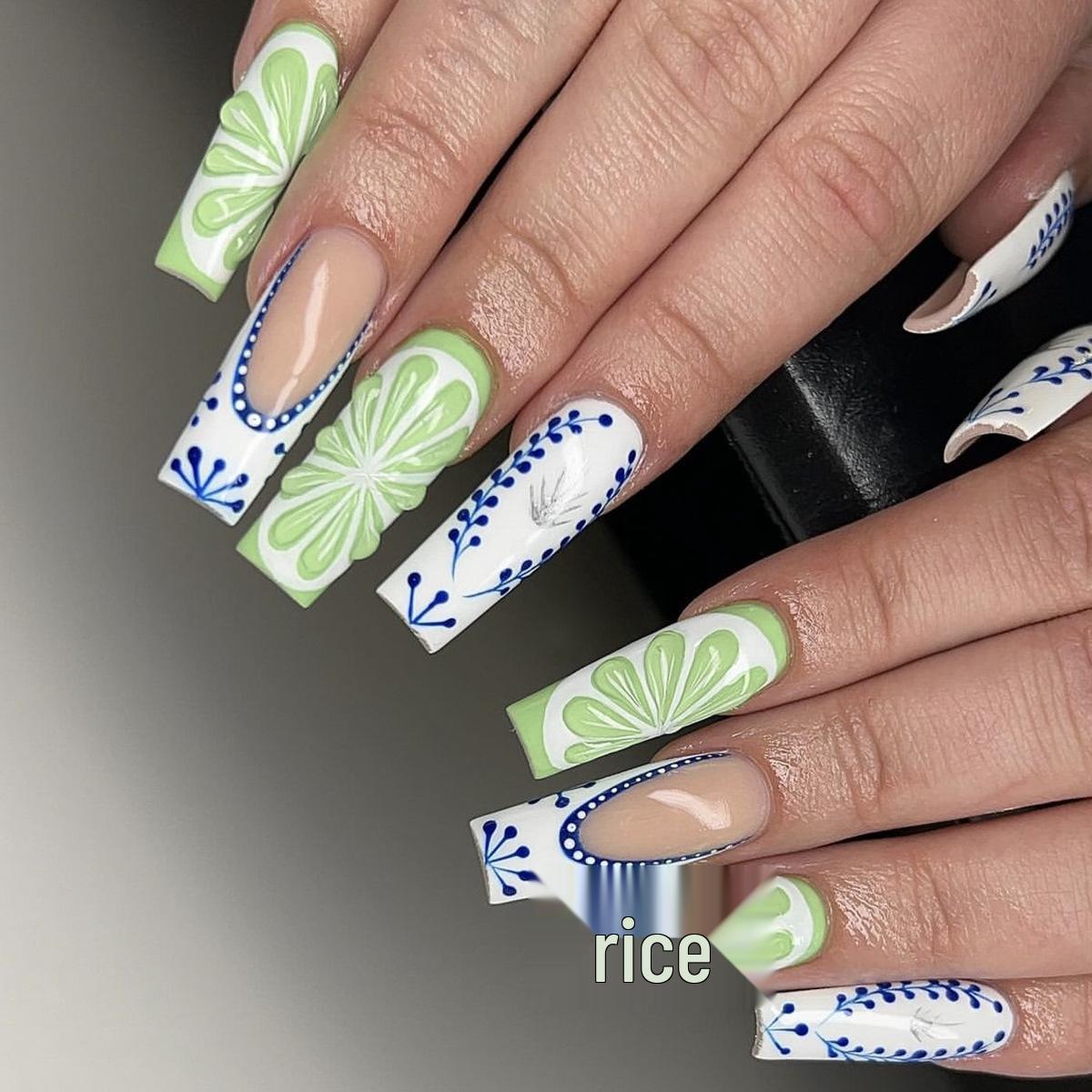 

Китайский стиль, ручная роспись, лимонные эпоксидные 3D съемные длинные накладные ногти