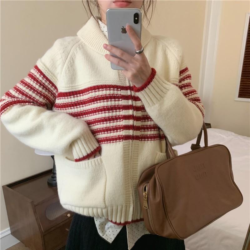 Women's knitted cardigan striped contrasting colors loose lazy wind sweater women's new long-sleeved autumn top coat
