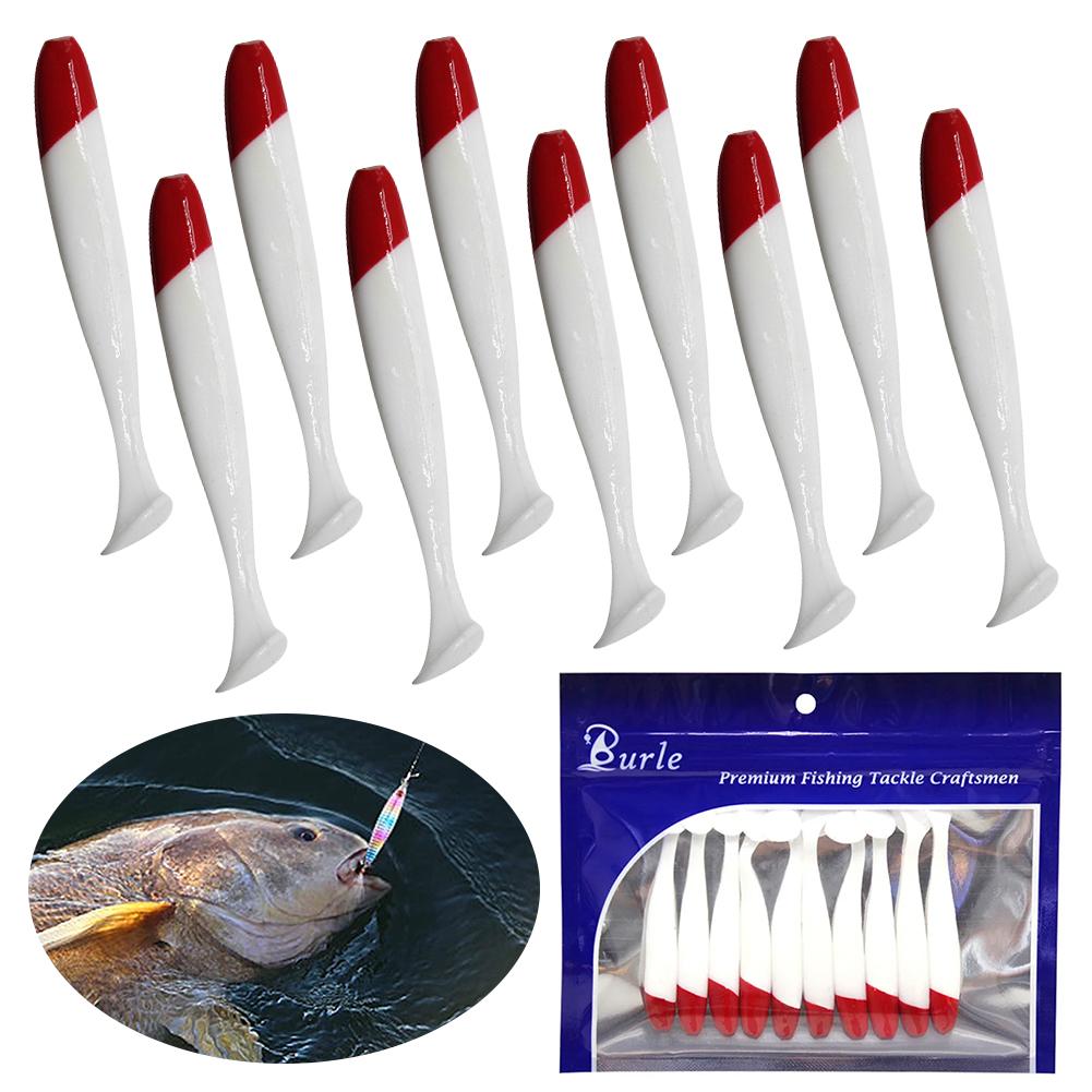 10Pcs Simulation Paddle Tail Bait 5.5/6.3/7cm Artificial Worm Swimbait PVC Red Head White Body T Tail Bait Fishing Accessories