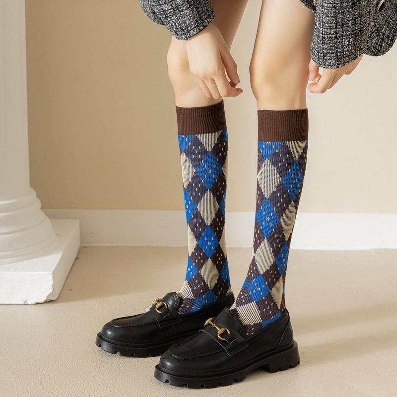 Colorful Spring Pattern ins fashion Diamond plaid Knee socks women Party Queen knee-high stockings Over Knee long ladies girls