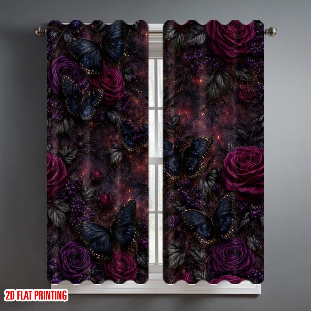 2D Flat Printing 2pcs Curtain Window Treatment Curtains Halloween Dark Butterflies Roses Digital Printed Polyester Drapes All