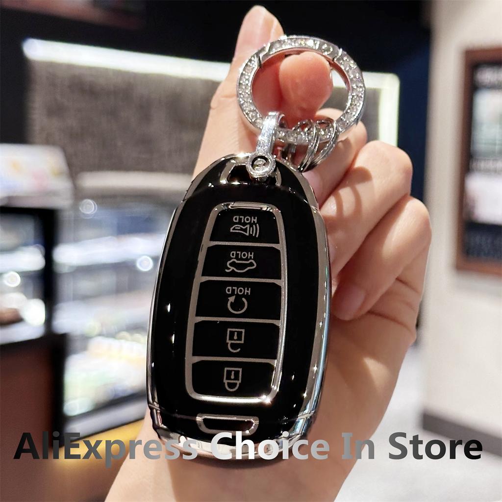Premium Soft TPU Key Fob Cover with Keychain for Hyundai Palisade 2023 Elantra GT Santa Fe 5 Buttons Car Accessories