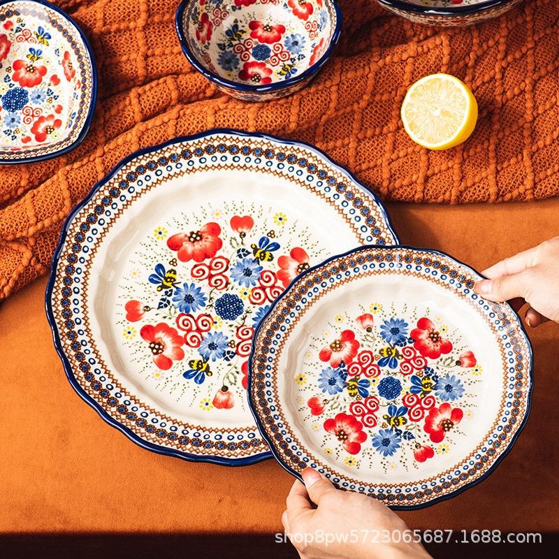 Honey Caihong Dish Set Ceramic Tableware Rice Bowl Noodle Bowl Binaural Soup Bowl Large Vegetable Plate Household