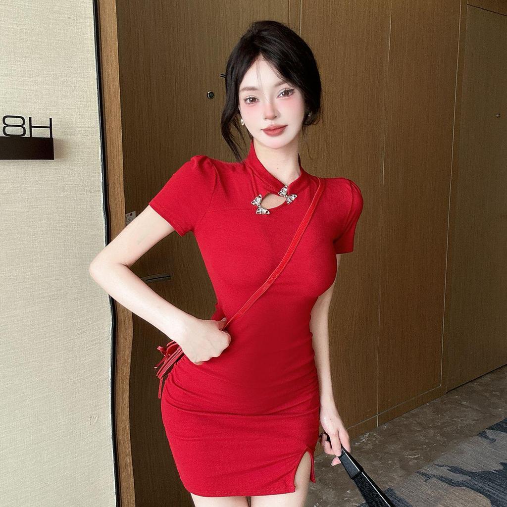 New Chinese Qipao: Waist-Cinching, Hip-Hugging Short Sleeve Dress with 3D Decoration & Hollow Design for a Sexy Summer Look