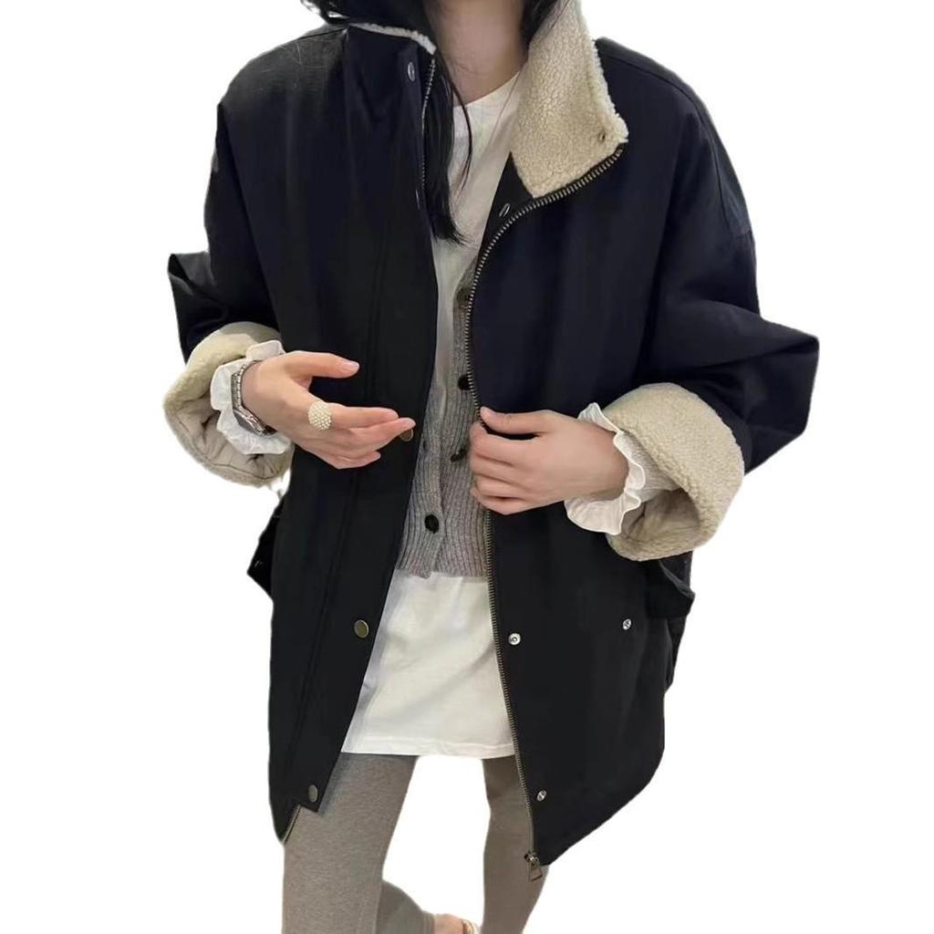 Women's 2024 Winter Stand Collar Lambswool Patchwork Coat - Loose, Versatile, and Warm Mid-Length Quilted Cotton Jacket