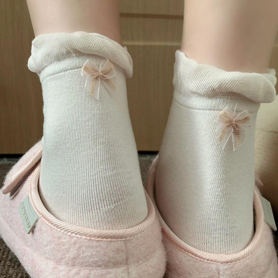 Embroidered Bowlace Ankle Socks for Children, Mid-length Stockings, Suitable for Spring and Summer, Made of Pure Cotton, Versatile for Ballet Style.