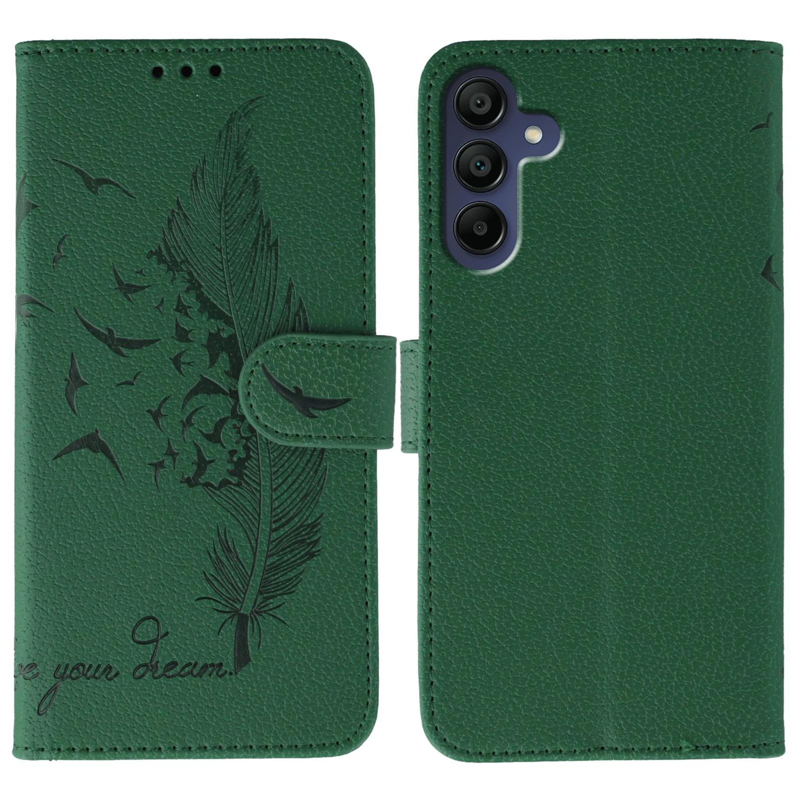 

For Samsung Galaxy A15 4G/5G Case Feather Imprint PU Leather Wallet Phone Cover Green