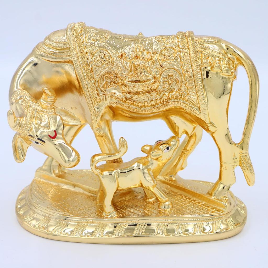 

Krishna Kamdhenu Cow With Calf & Krishna Brass Like Metal Showpiece, Gold Idol