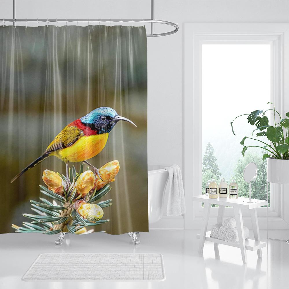 Spring Floral Hummingbird Shower Curtain for Bathroom Watercolor Flowers Birds Fabric Bath Curtains Modern Art Decor with Hook