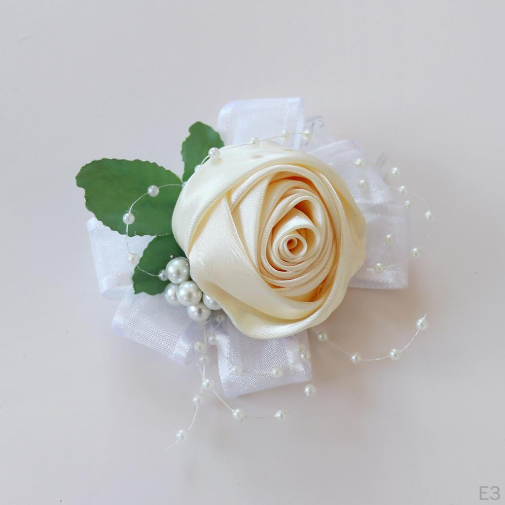 Artificial Pearls Rose Flower Bridesmaid Corsage Wrist Band Elastic Bracelet Wedding Ceremony Party