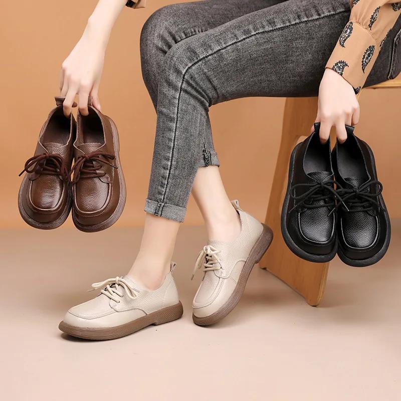 Spring New Women Shoes Genuine Leather Retro Loafers Soft Bottom British Comfortable Lace Up Anti Slip Casual Shoes 2025