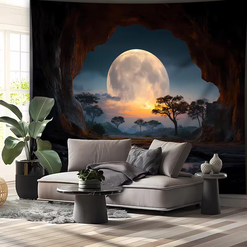 2D African Savannah Night Tapestry Cave Moonlight Home Background Decor
