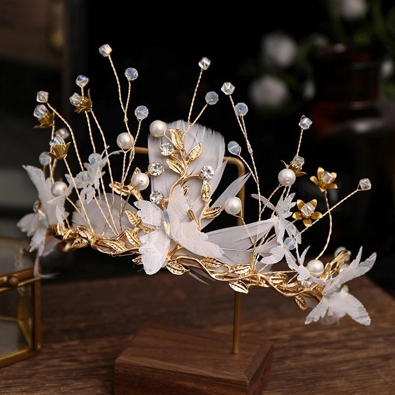 Fashion Gold Wedding Butterfly Headband Bohemian Headpiece Crystal Pearl Hair Vine Flower Halo Bridal Hair Accessories
