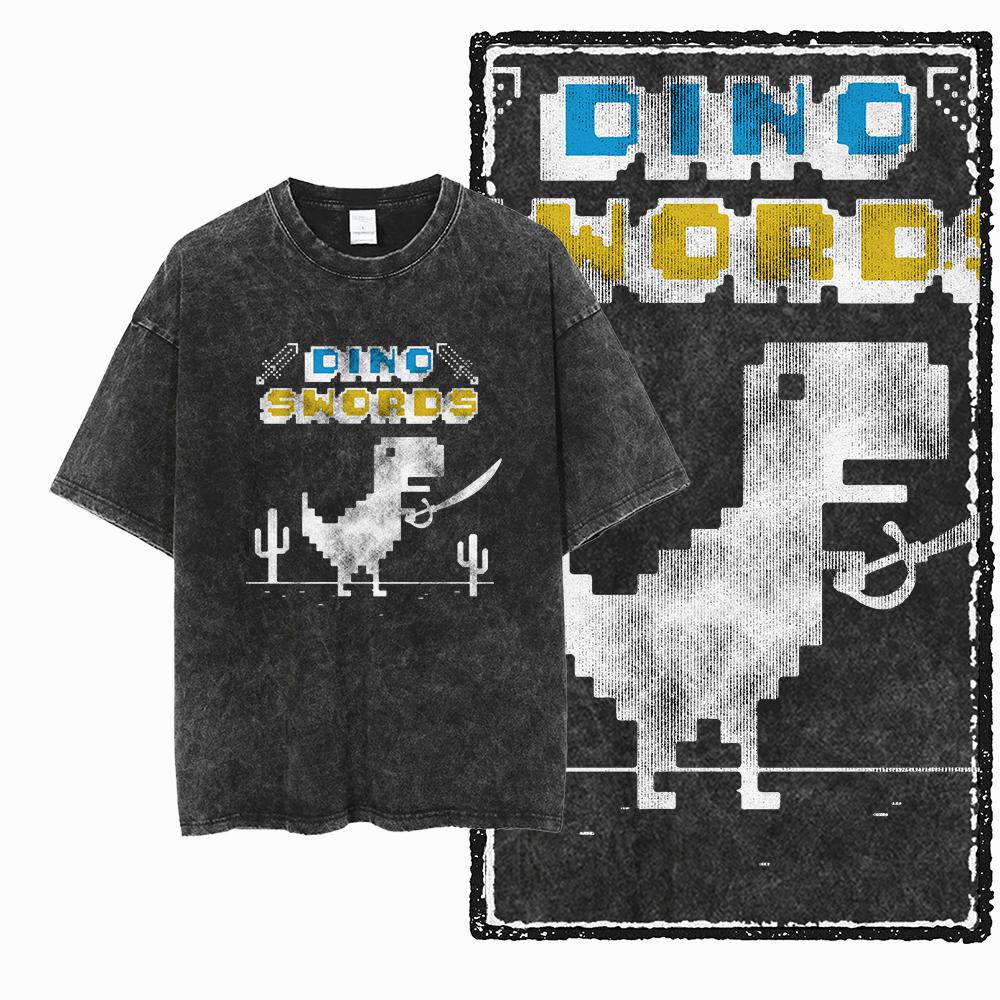 ZH DINO GAME THEME Printed Cotton Acid Washed Exclusive Graphic Unisex T Shirt Cool Streetwear Men Tshirts Big Size Tee for Men