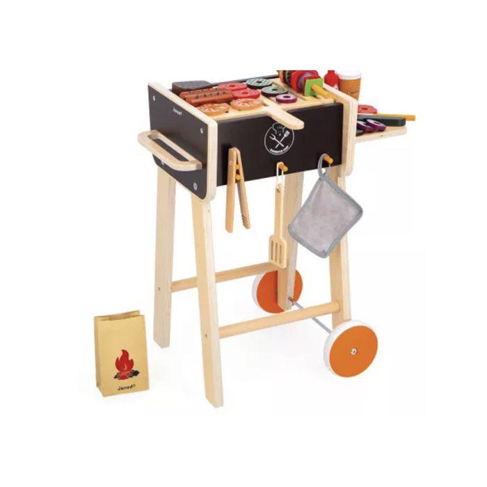 Barbecue en bois - jouet d'imitation cuisine et dinette pour enfants - 57 accessoires inclus - 2 roues silencieuses - dès 3 ans