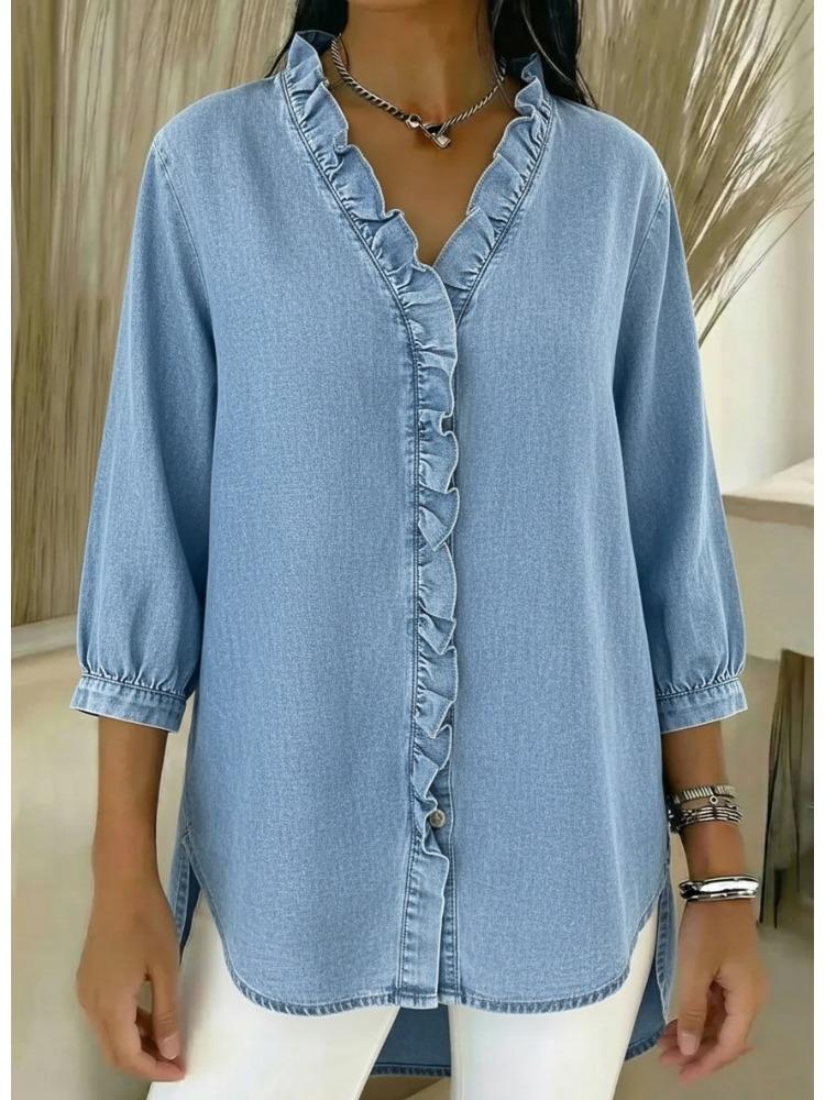 

Deep Blue Denim V Neck Ruffle Trim Button Down Shirt Women s Casual Top 4XL світло-синій колір