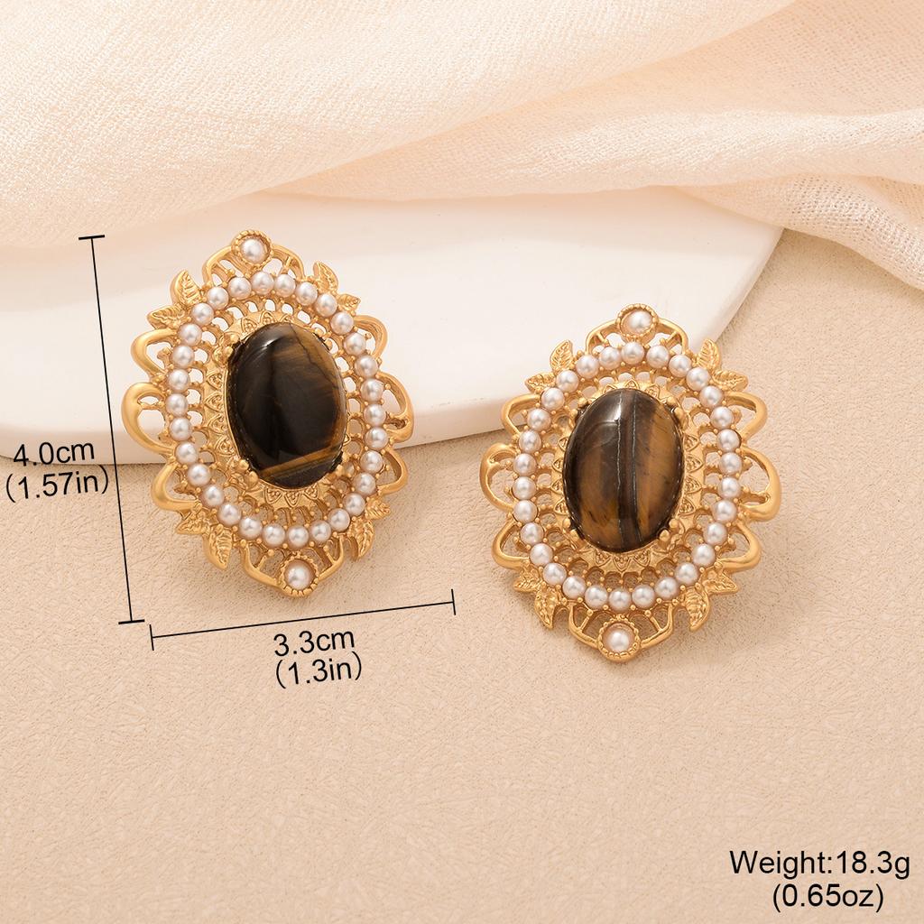 Maillard enamel color big flower stud earrings vintage copper plated medieval gold earrings tiger eye series texture earrings