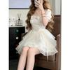 Bow Jacquard Fairy Dress Female Summer New Running Princess Fluffy Short Skirt Apricot