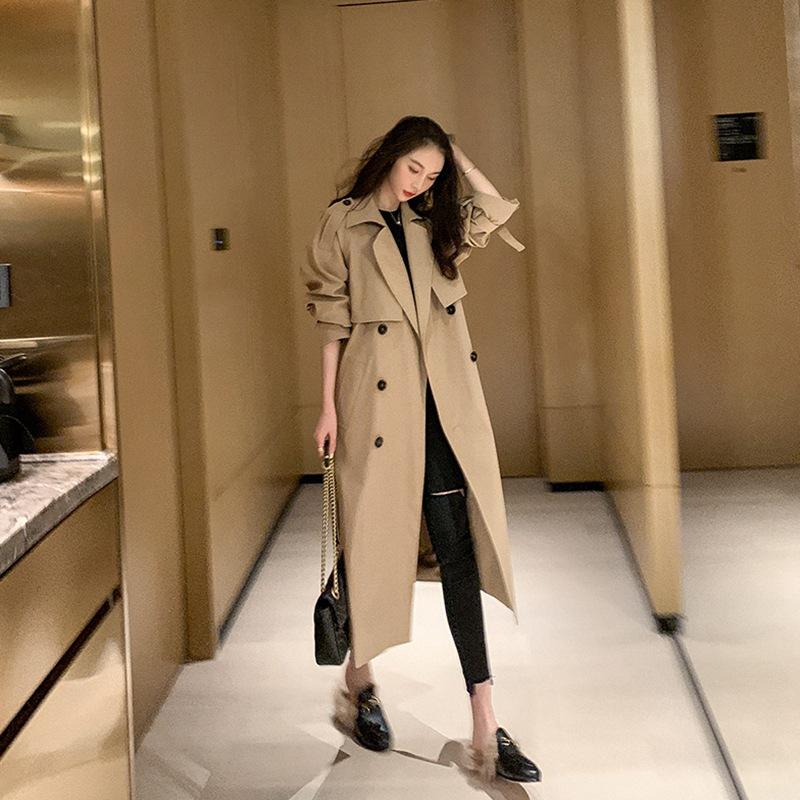 Lapel Women Trench Coat Topcoat Double-breasted Casual Coat Pure Color Autumn Winter Overgarment Waistband Windbreak Jacket