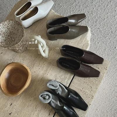 2024 Jesenné Retro Štvorcové Špičky Mäkká Koža Blokový Podpätok Topánky