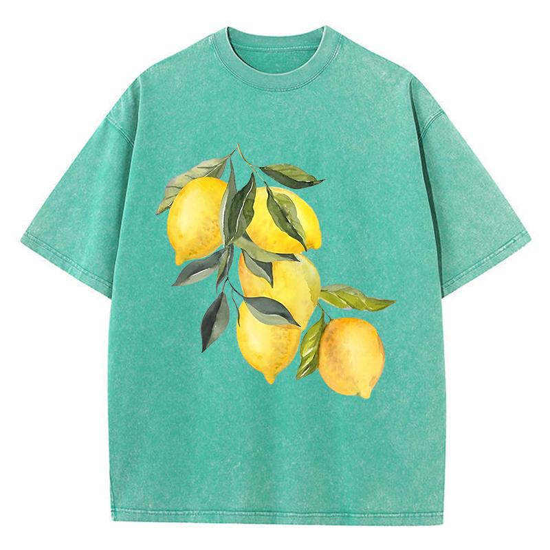 Creative Lemon Pattern Printing Washed TShirt Women Cottont Shirts ONeck Oversized Acid Wash Tops Summer Casual Woman Clothes