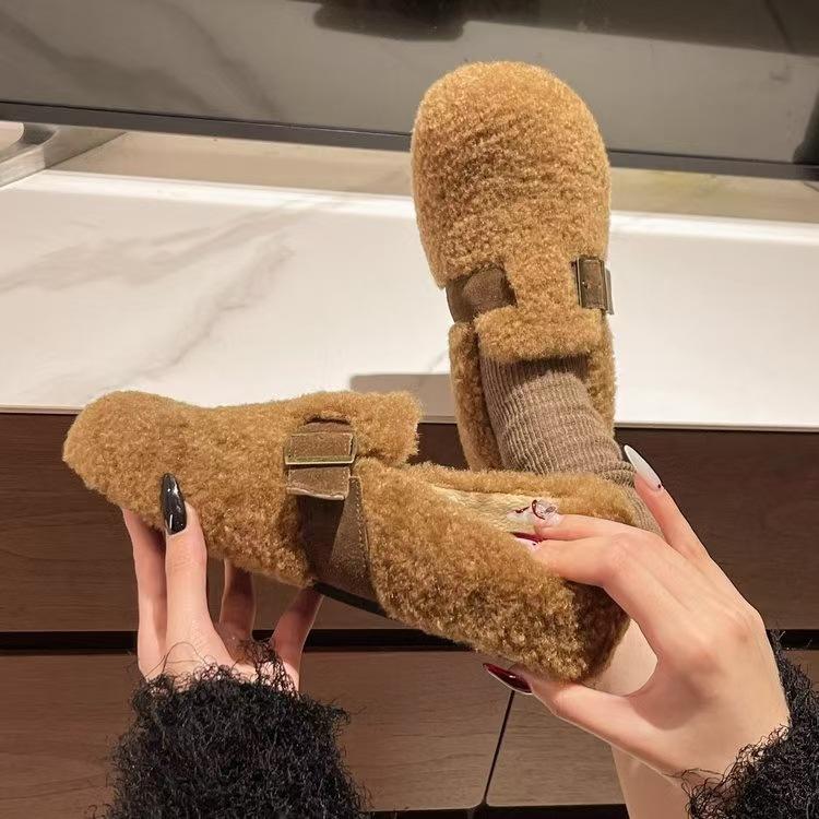 

2025 новые ретро пряжка на ремне пушистые туфли для женщин, плюшевые теплые хлопковые туфли, повседневные шерстяные ленивые туфли на платформе 40 хаки