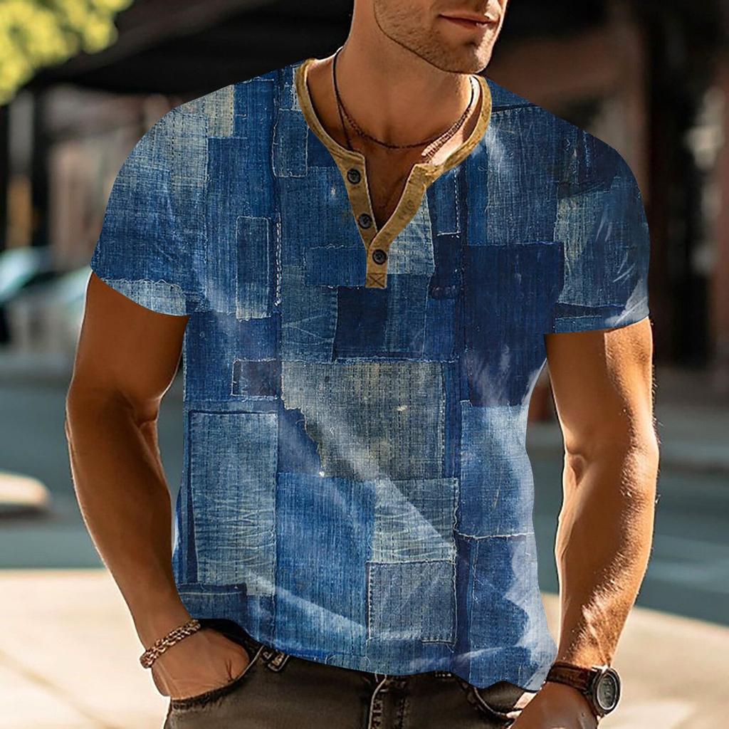 Men'S Printed T-Shirt Outdoor Retro Button Loose Short Sleeve Top