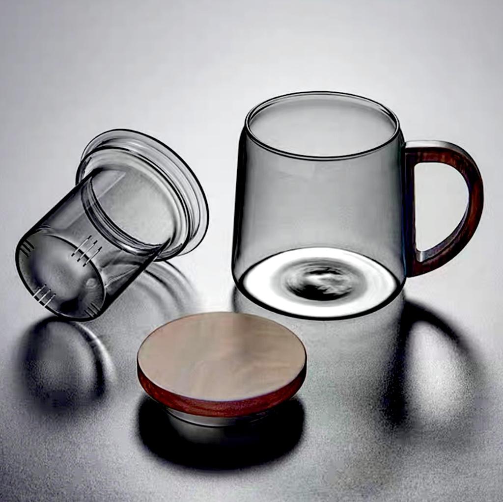 Tea Water Separation Glass Tea Cup With Walnut Wooden Handle Chinese Heat Resistant Puer Filter Cups Kung Fu Tea Cup Set