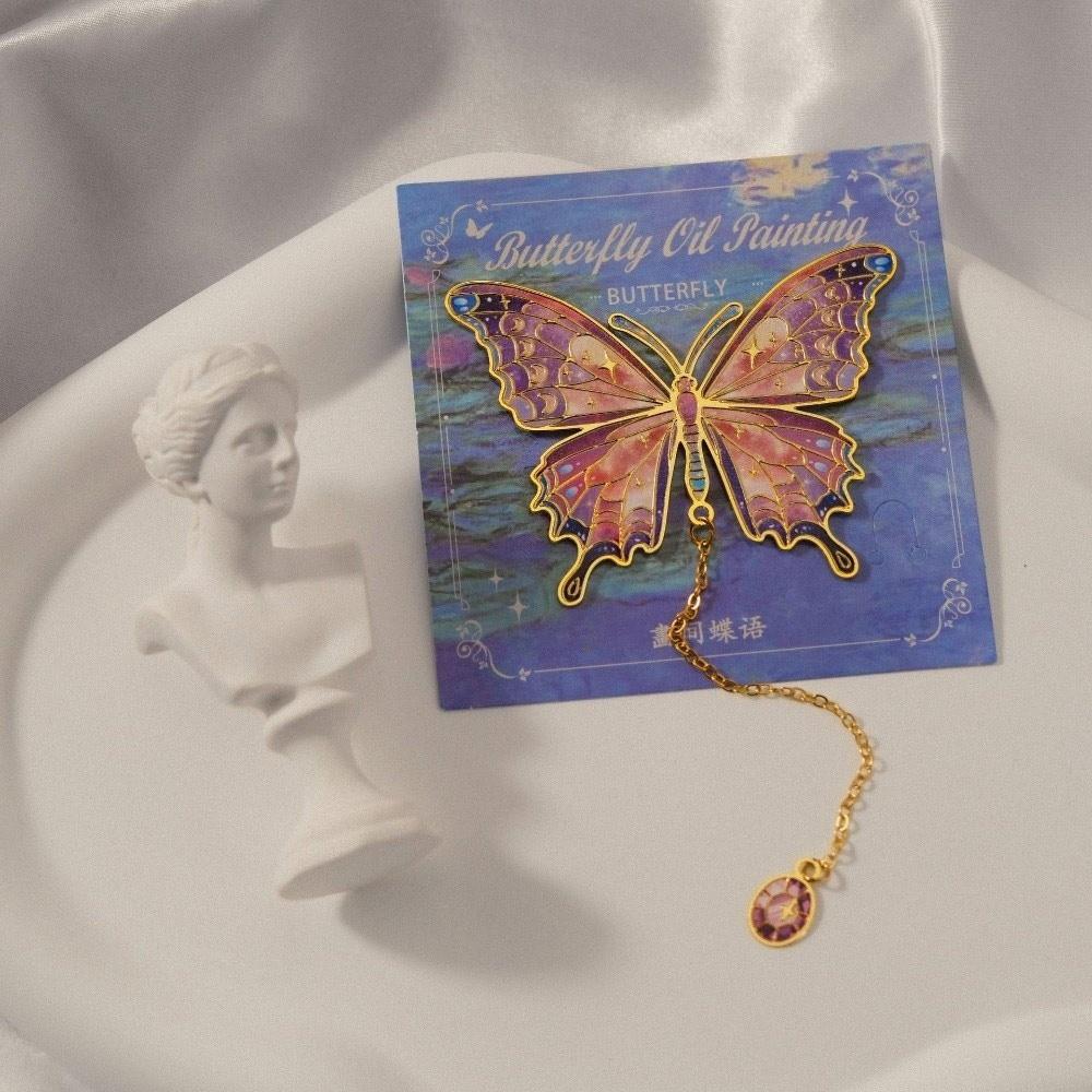 Colorful Butterfly Bookmark With Chain Metal Oil Painting Bookmarks Pendant Decorative Stationery Bronzing Bookmark